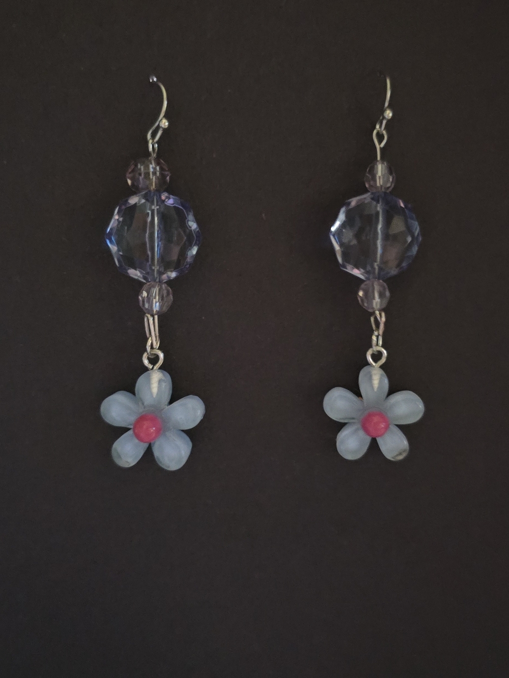 Blue Flower Drop Earrings with Pink Center